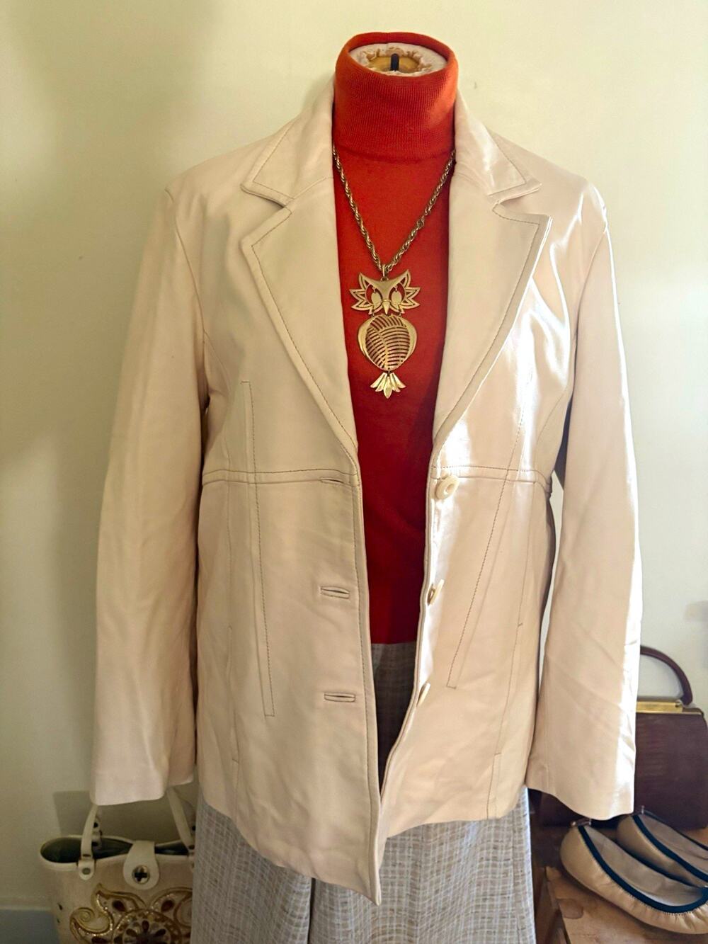 Wilsons Leather Pelle Studio Ivory Leather Blazer Jacket Y2K Longline Womens